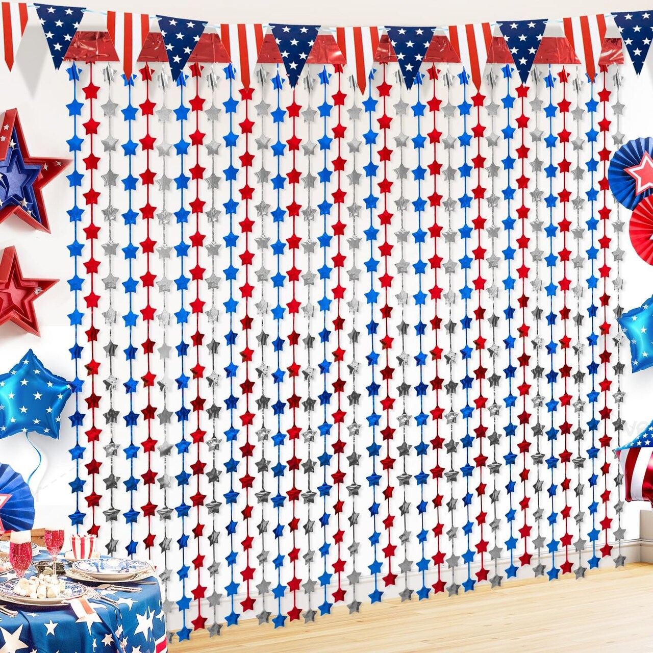 4th of July Decorations, 4 Pack Red Blue and White Star Tinsel Foil Fringe Curtains with 1 Pack Banner, Independence Day Fringe Curtain Backdrop for Photo Booth, Memorial Day, Patriotic Party